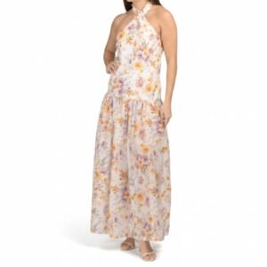 AQUA BLU Maxi Drop Waist Lilas Dress White Floral Halter Cotton Silk Backless